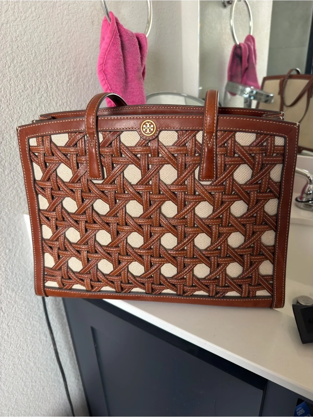 Tory Burch Brown and Cream Woven Leather Tote